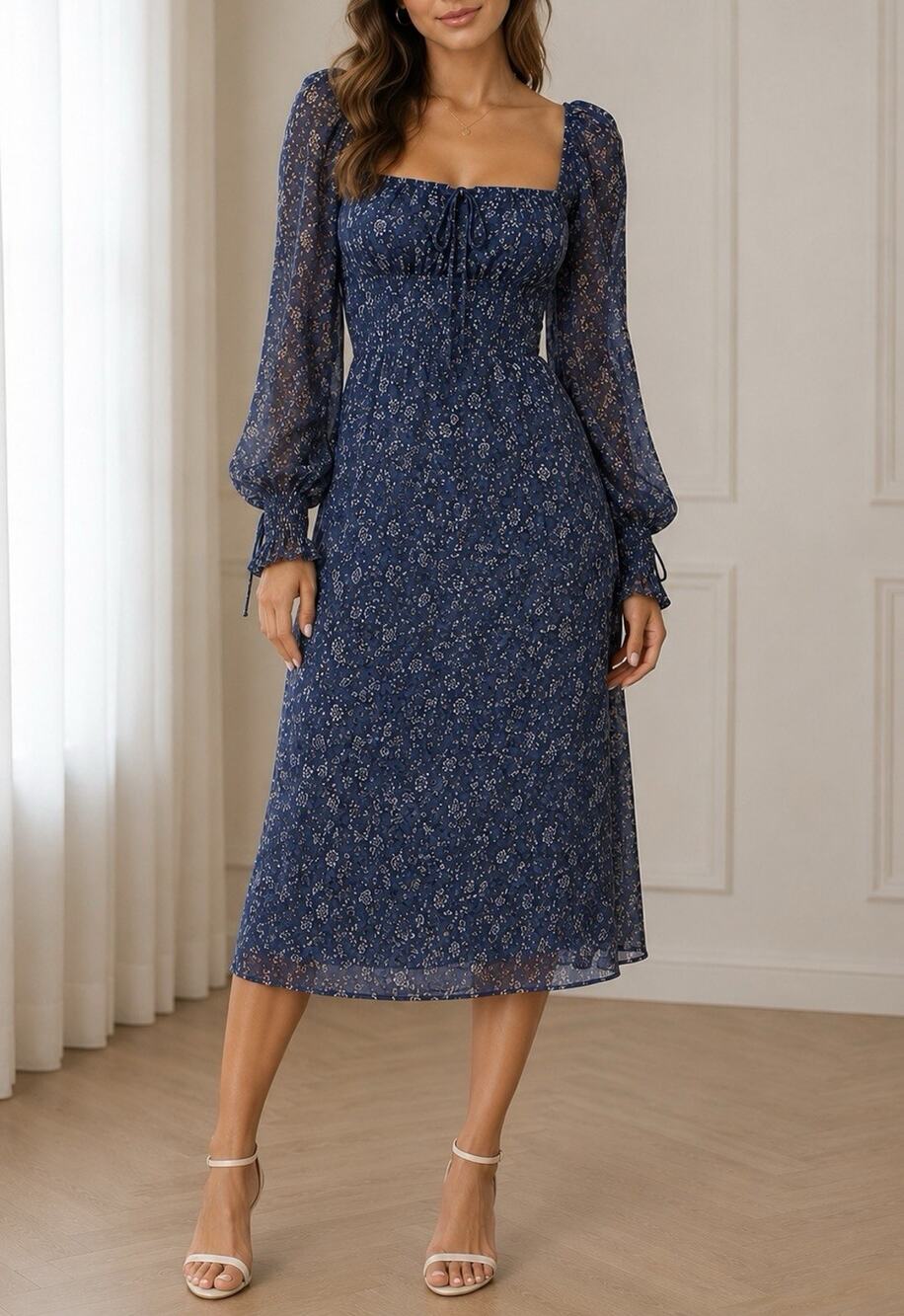 Free People Floral Smocked Midi Dress Blue Puff Sleeve Women’s XS NWT